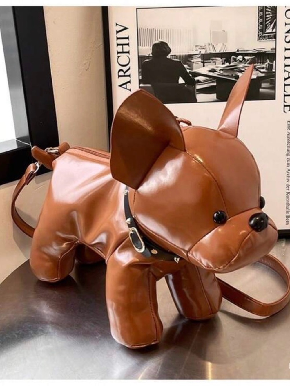 Brown French‎ Bull Dog Shaped Crossbody Bag